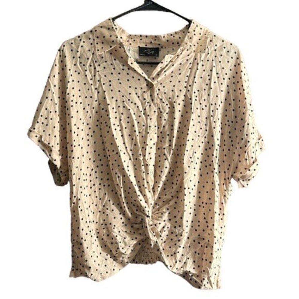 Milk & Honey Crop Top S/S Button Down Polka Dot Cream Black Size XL EUC #1041